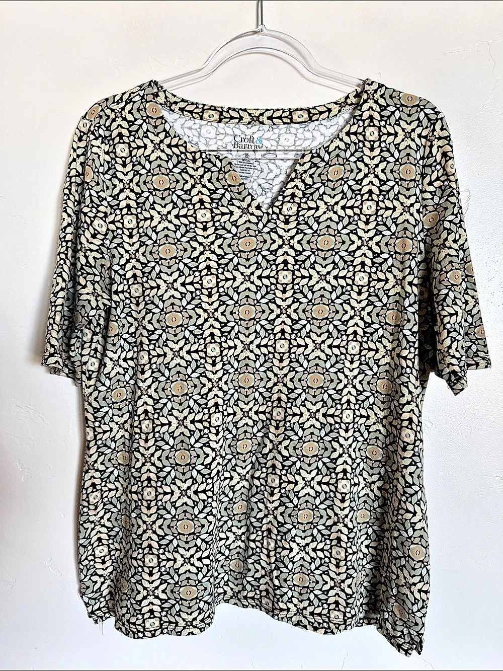 Croft & Barrow Geometric Cotton Blouse in Black & Beige Size Medium